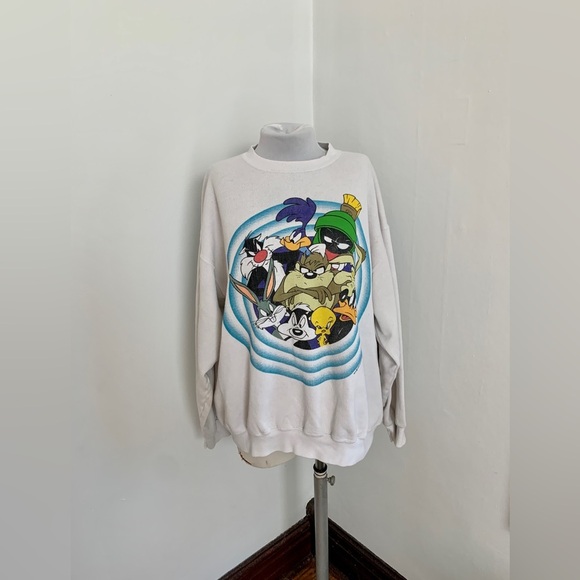 VTG 90s Looney Tunes Double Side Crewneck Sweater Sweatshirt bullseye oversized - Picture 10 of 17